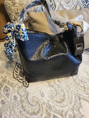 Navy MKF Embossed Hobo Bag w Matching Wallet